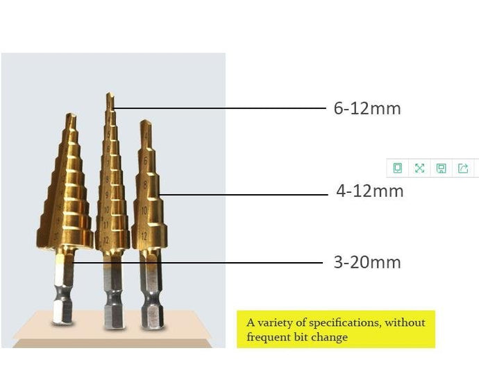 Broca Escalonadas Passo Metal 3pcs HSS Titânio Revestido Corte Cone de Aço de Alta Velocidade Perfuração de Madeira - PopLarWeb