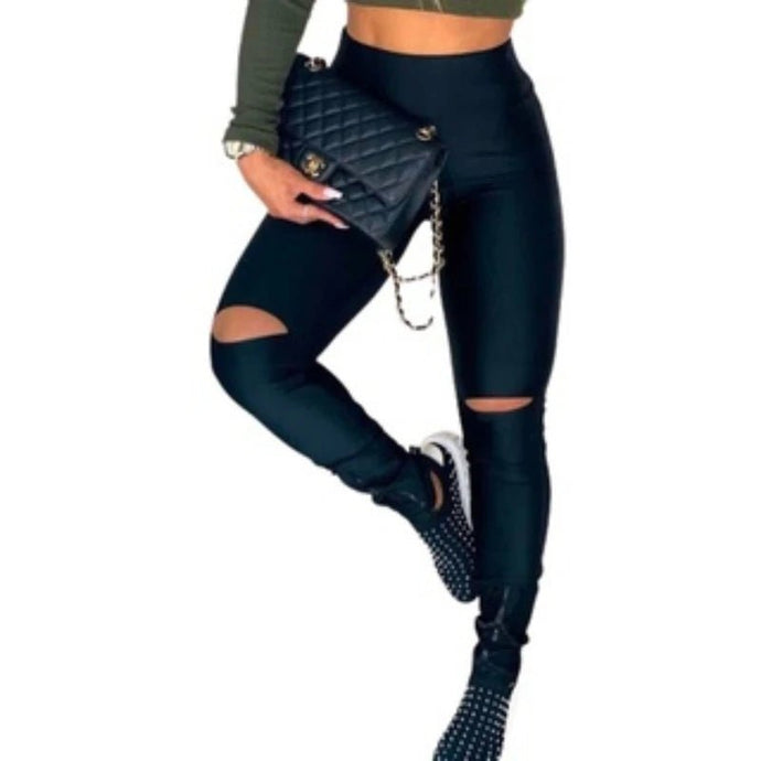 Calça Preta Suplex Estilo Legging Cintura Alta Recorte Joelho Aberto Estilo Montaria Tendência - PopLarWeb