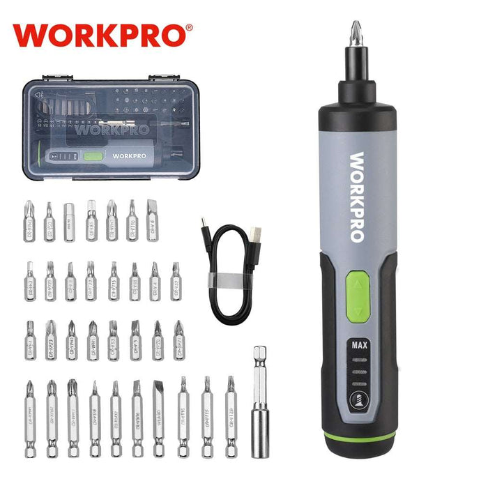 Chave de Fenda Elétrica Kit Sem Fio WORKPRO 3.6V, USB Recarregável, Bateria Lítio, Luz LED - PopLarWeb