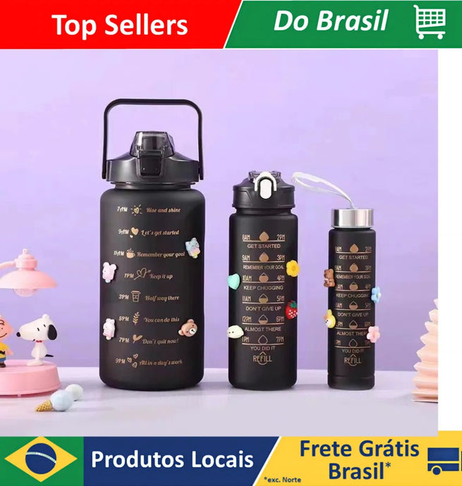 Kit com 3 Garrafas de Água Motivacionais de Grande Capacidade - 2000ml, 800ml e 280ml, Portáteis - PopLarWeb