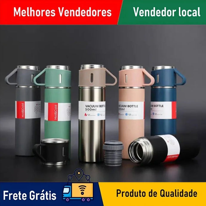 Kit Conjunto Garrafa Térmica Com Tampa & Xícaras Quente Frio Temporada 500ML - PopLarWeb