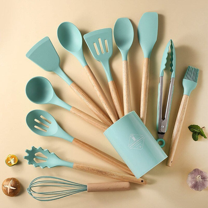 Kit Cozinha 12 Peças Em Silicone/madeira E Balde Decorativo - PopLarWeb