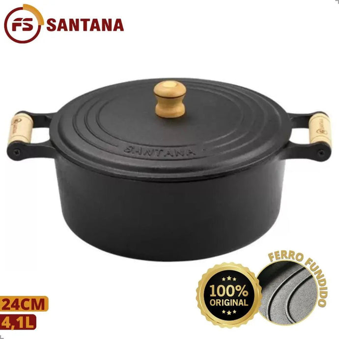 Panela Ferro Caçarola 4,1L Alça Madeira e Tampa 24cm Santana - PopLarWeb