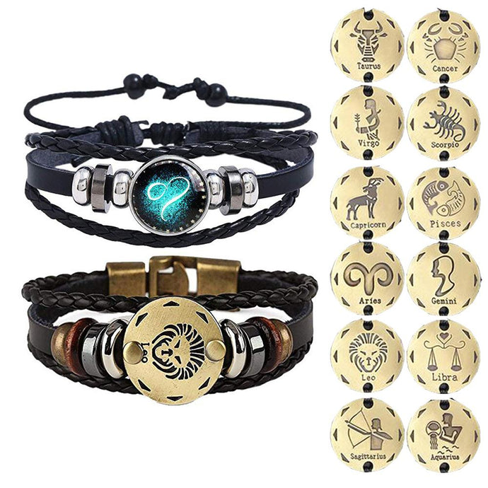 Pulseira Masculina Constelação kit 2 pçs 12 Signos do Zodíaco de Couro Trançado Cúpula Luminosa - PopLarWeb